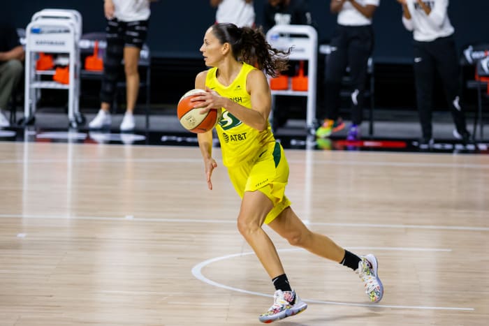 Seattle Storm guard Sue Bird dribbles the basketball.